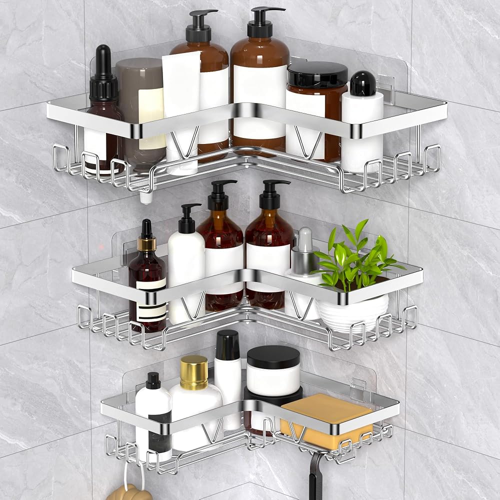 KEGII Corner Shower Caddy No Drill Stick On Silver Stainless Steel