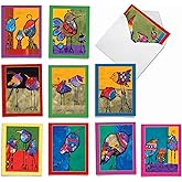 The Best Card Company - 10 Assorted Blank All Occasions Notecards Bulk Box Set 4 x 5.12 Inch with Envelopes (10 Designs, 1 Each) - Bohemian Birds M3319
