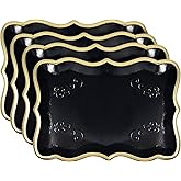 Gift Boutique 10 Black Rectangle Trays with Gold Rim Border for Dessert Display Table Parties 9" X 13" Disposable Paper Cardboard for Platters Cupcake Displays Birthday Party Weddings Food Safe