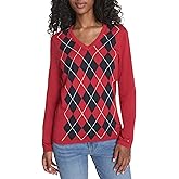 Tommy Hilfiger Womens Long Sleeve Cotton Argyle V-Neck Sweater