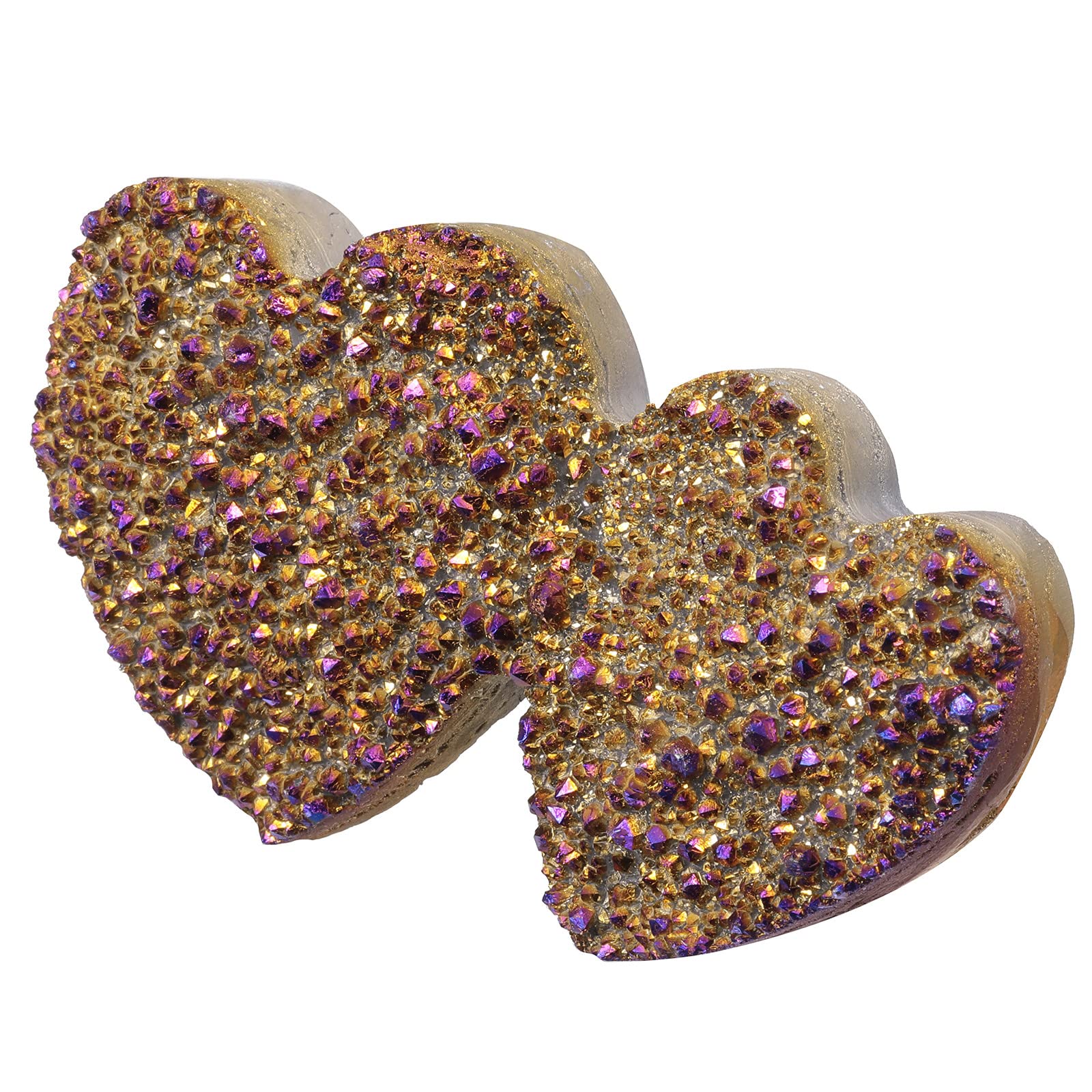 mookaitedecor Titanium Coated Clear Quartz Crystal Cluster Purple Gold Crystal Heart Shaped Stone Rock Double Heart Ornament Party Wedding Decor, Raw Crystal Purple Love Heart Crystal Room Decor