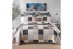 Finlonte Quilt King Size 100% Cotton Quilt, Brown Plaid Bedspread for All Seasons, Lightweight and Soft, 3-Pieces