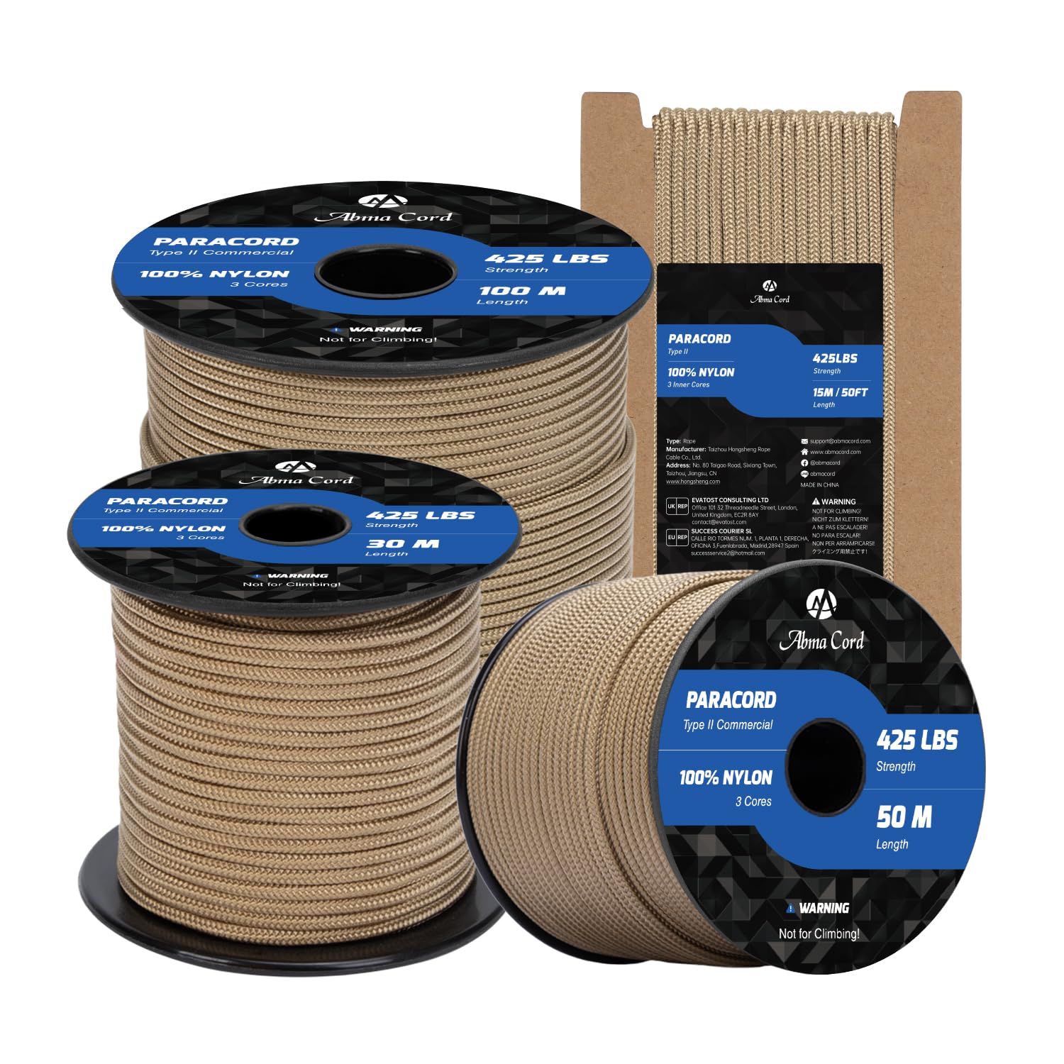 Abma Cord Paracord 3mm 50m 100% Nylon Rope Type II 3 Strands Parachute Cord - Max. 192kg (425lbs) - Tan