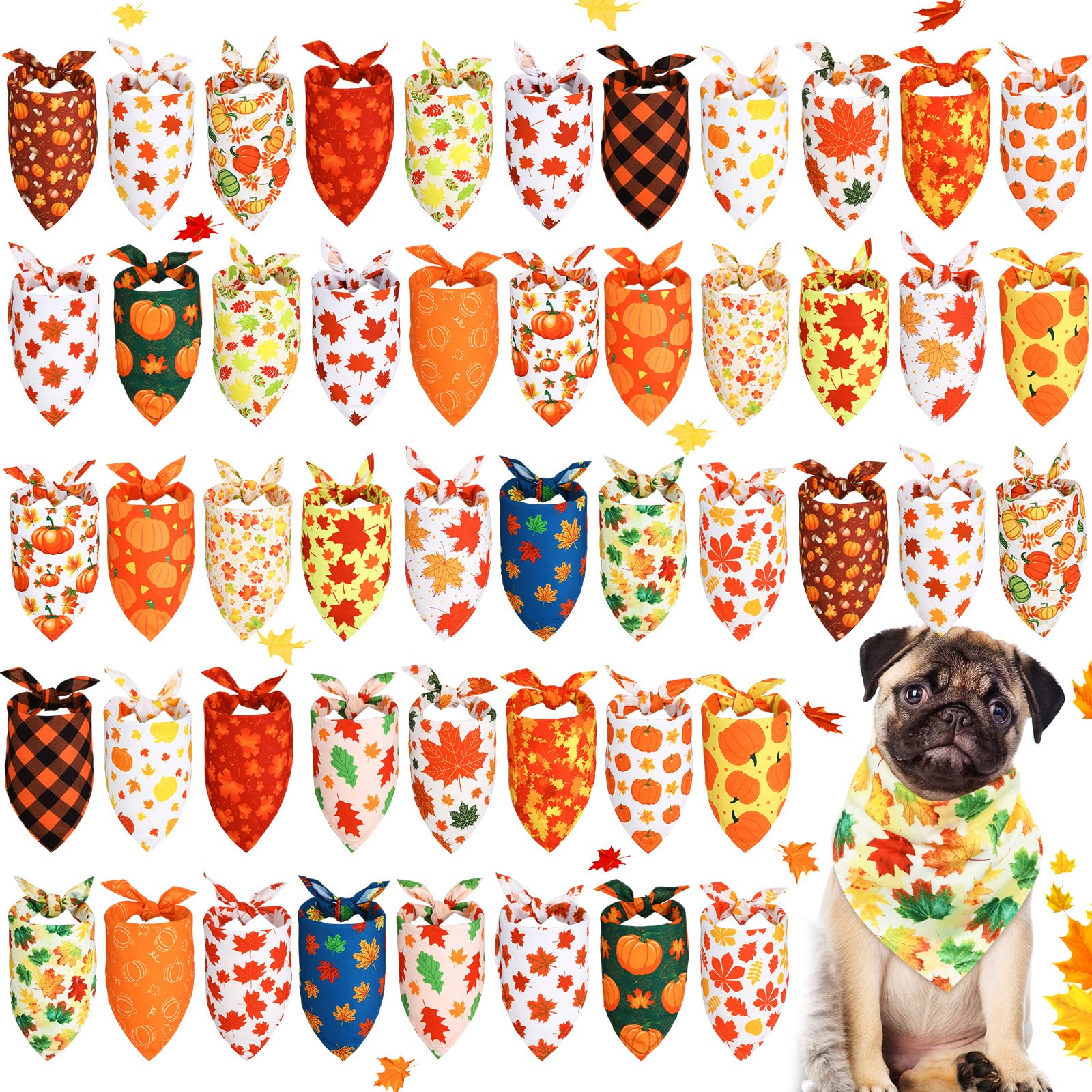 Photo 1 of Sweetude 50 Pieces Fall Dog Bandanas Bulk Pumpkin Maple Leaves Plaid Thanksgiving Bandanas for Dogs Autumn Soft Bibs Triangle Scarves for Small Medium Large Pets Costume(31.5 x 21.7 x 21.7 Inch)