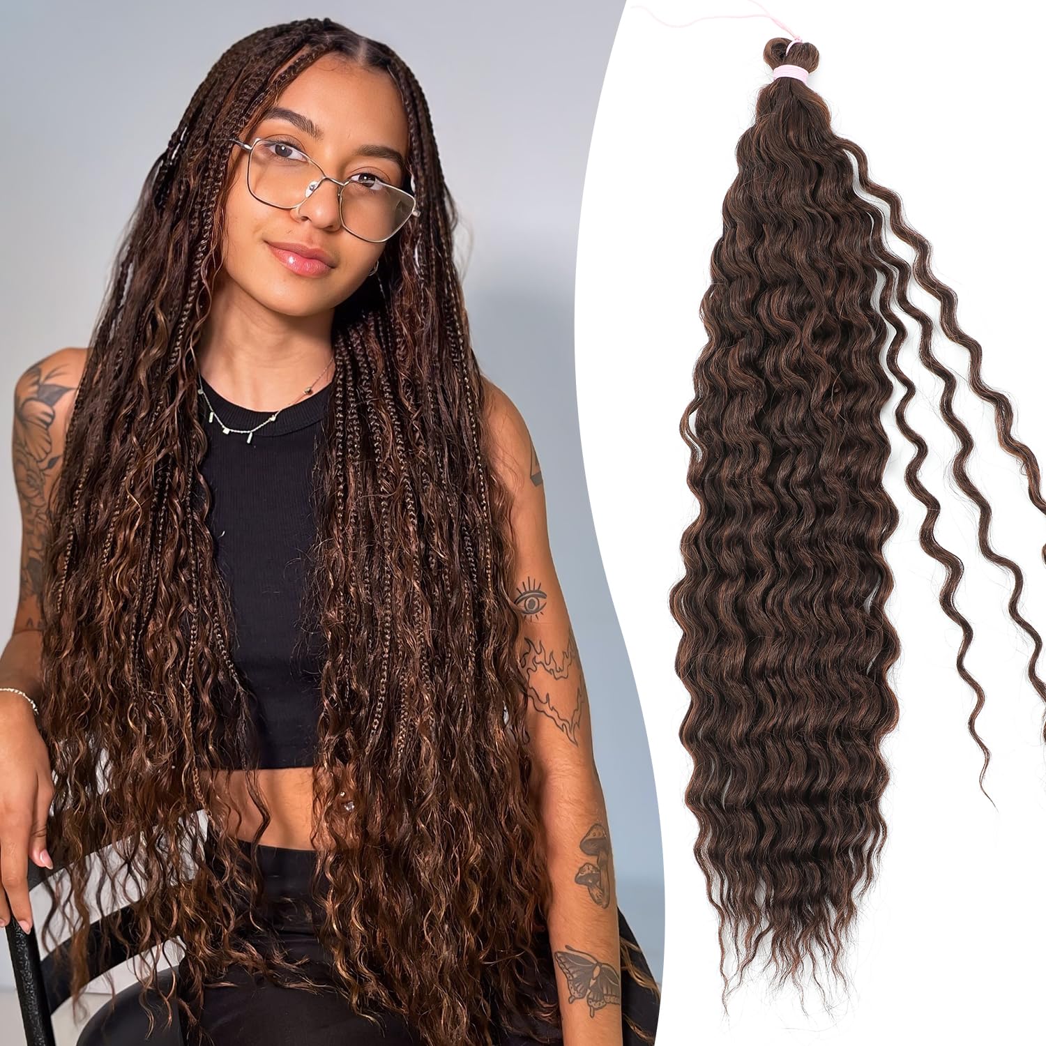 Photo 1 of HUA Chocolate Brown Boho Braids Human Hair Deep Wave Bulk Human Hair Mix Synthetic for Braiding No Weft 20 Inch Long Curly Bundles Hair Extensions for Boho Knotless Braids Wet and Wavy Braiding Hair