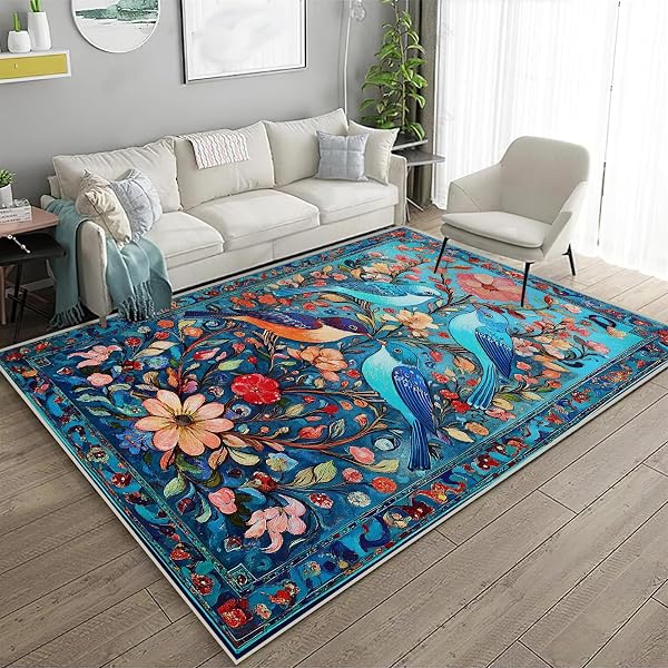 5X7 BIRD AREA RUGS BOHO BIRD FLORAL FLOWER BOTANICAL BLUE RUG FOR LIVING ROOM INDOOR SOFT NON-SLIP THIN CARPET MODERN ABSTRACT RUGS FOR DINING ROOM OFFICE BEDROOM UNDER TABLE WASHABLE MACHINE