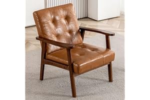 MIXCOUS Mid Century Leather Accent Chairs, Modern Small Arm Chair for Living Room, Office Waiting Room Lobby Chair with Wooden Arms, Brown Accent Reading Chairs Set for Bedroom