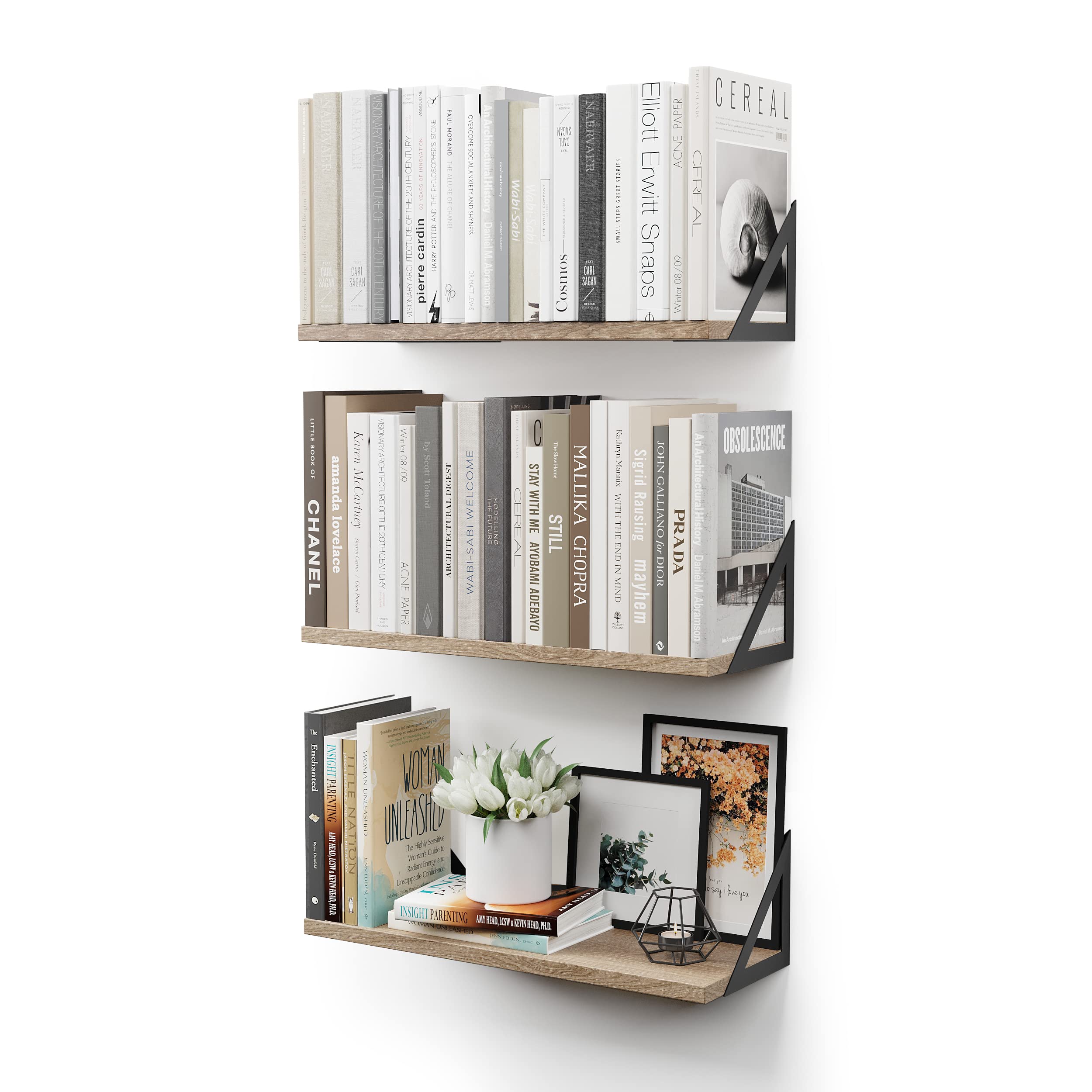CASSA TOKO Wall Mounted Floating Book Shelves for Wall Set of 3, Shelf Bookshelf for Bedroom Living Room Office Bathroom Kitchen Rustic Wood with Metal Bracket (Natural)