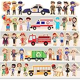 HIYZI 40 Pcs Wooden Community Helpers Little People Figures Occupations Wooden Blocks Professionals Kids Pretend Play Toys Multicultural Career Figurines Educational Activity Social Learning Supplies