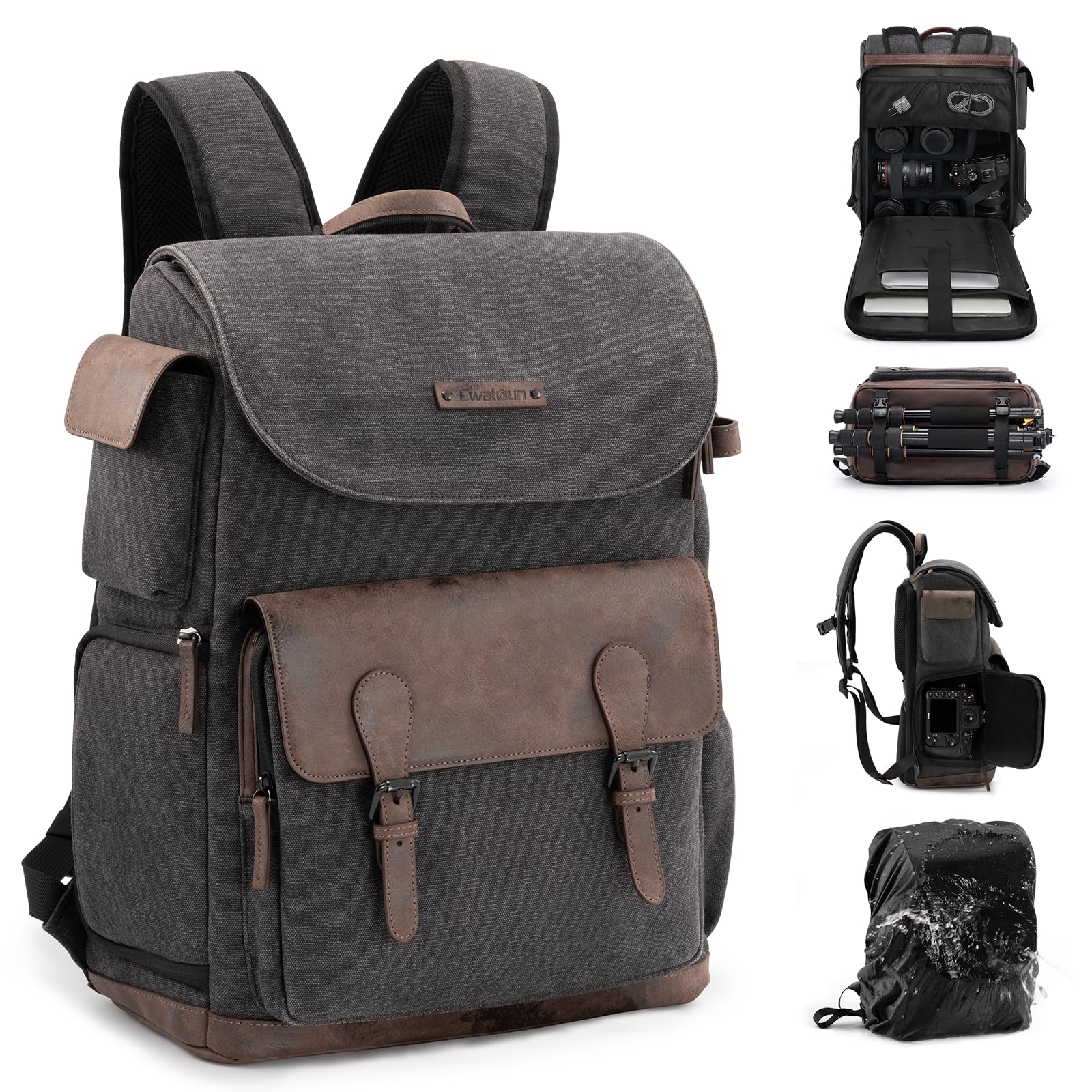 Cwatcun Canvas Camera Backpack, DSLR SLR Camera Bags for Photographers with Waterproof Rain Cover, Camera Case with Laptop Compartment & Tripod Holder for Canon Nikon Sony Fuji Camera & Lenses