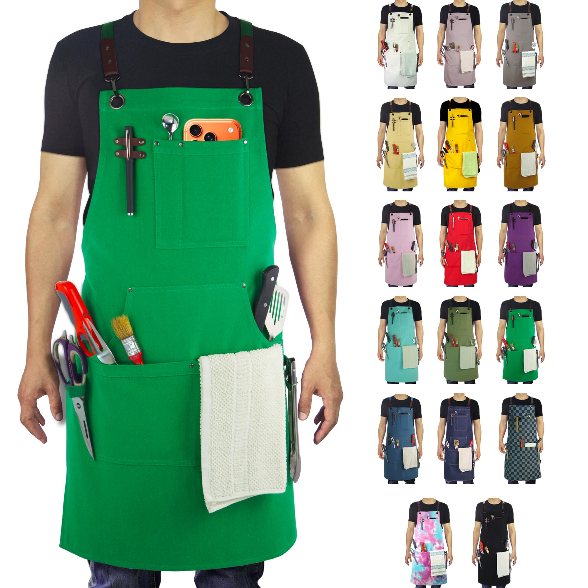 Stenffy Kitchen Apron, Work Apron, Multiple Pockets for Gardening, Artist, Painting, BBQ, Carpenter, Sizes M to XXL, Green