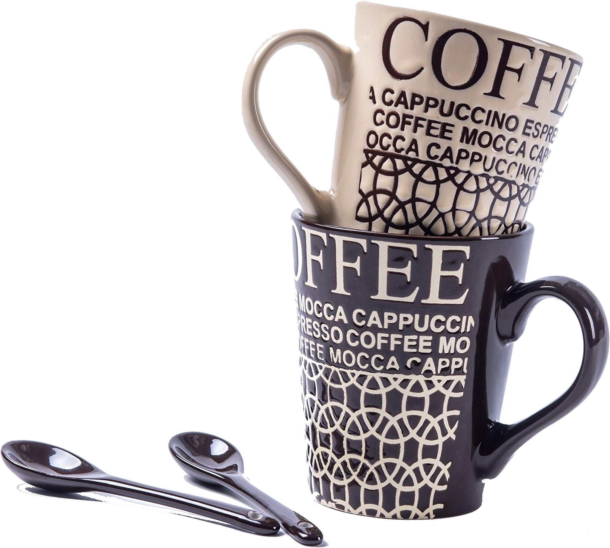 Fullcci -12 oz Coffee Mug, Cream-colored and Brown Mugs, Drink Cup Tumblers for Water, Coffee, Tea, Milk, Juice, With 2 spoons, Set of 2