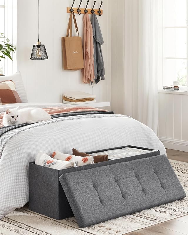 Mazie Colección - Puff Almacenaje, Banco Plegable, 38 x 110 x 38 cm, Taburete Reposapiés, Pie de Cama, Soporta hasta 300 kg, para Sala de Estar, Dormitorio, Entrada, Gris Oscuro LSF77K