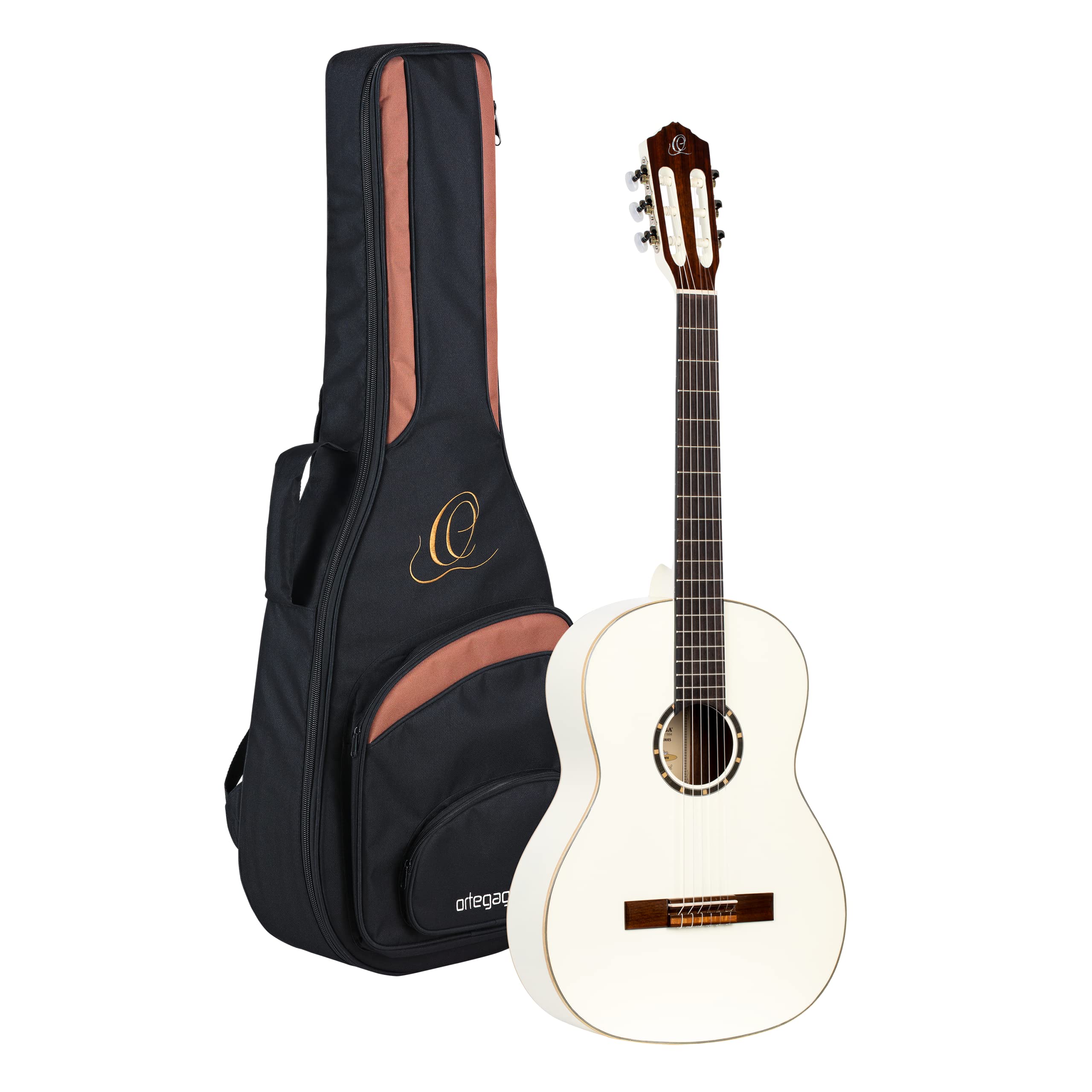 Ortega Guitars 4/4 Classical Guitar – Slim Neck – Family Series – Including Gig Bag – Spruce, Mahogany, White (R121SNWH)