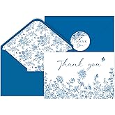 SMUAENSS 48 Pack Blue Floral Thank You Cards With Envelopes and Stickers, Blue Porcelain Flowers Thank You Cards, for Bridal Appreciation Banquet, Baby Shower, Graduation Ceremony, Birthday Greeting Letter