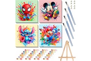 FUINKQE 4 Packs Cartoon Paint by Numbers Kits for Kids Framed,Paint by Numbers for Kids Ages 8-12 with Framed Canvas,DIY Easy Painting Kits with Wooden Easel for Home Wall Decor 8X8 Inch