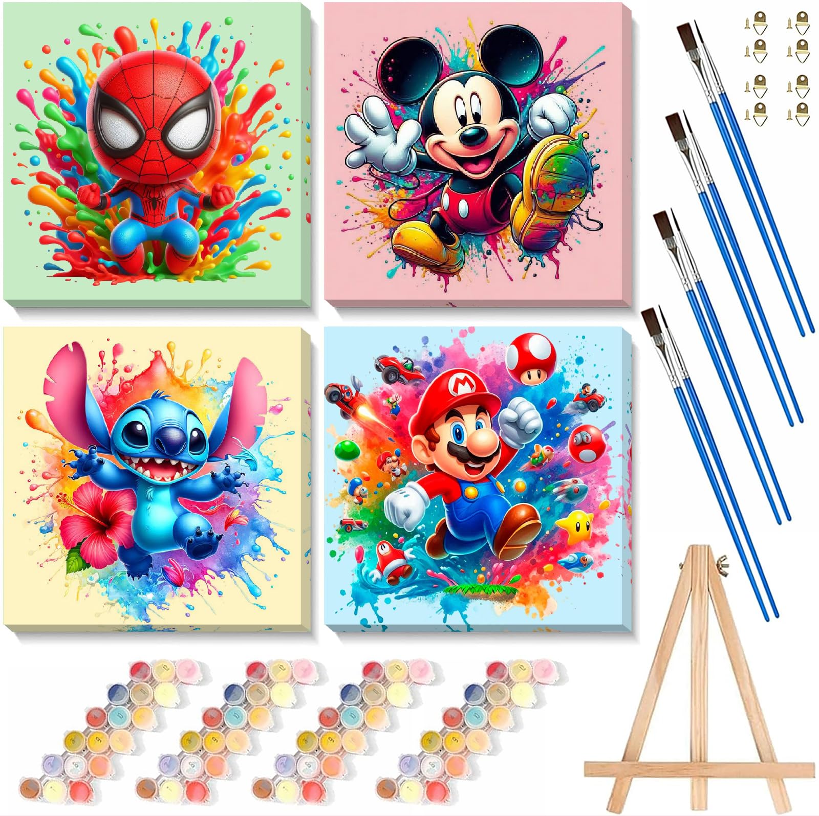 Photo 1 of 4 Packs Cartoon Paint by Numbers Kits for Kids Framed,Paint by Numbers for Kids Ages 8-12 with Framed Canvas,DIY Easy Painting Kits with Wooden Easel for Home Wall Decor 8X8 Inch