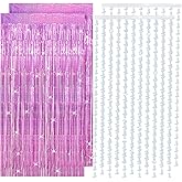 Mindsoft 4 Pcs Cowgirl Party Decorations 2 Cowgirl Boot Metallic Tinsel Foil Fringe Curtains 2 Backdrop Curtain for Photo Birthday Bachelorette Wedding Disco Party Booth Decorations(Laser Pink)