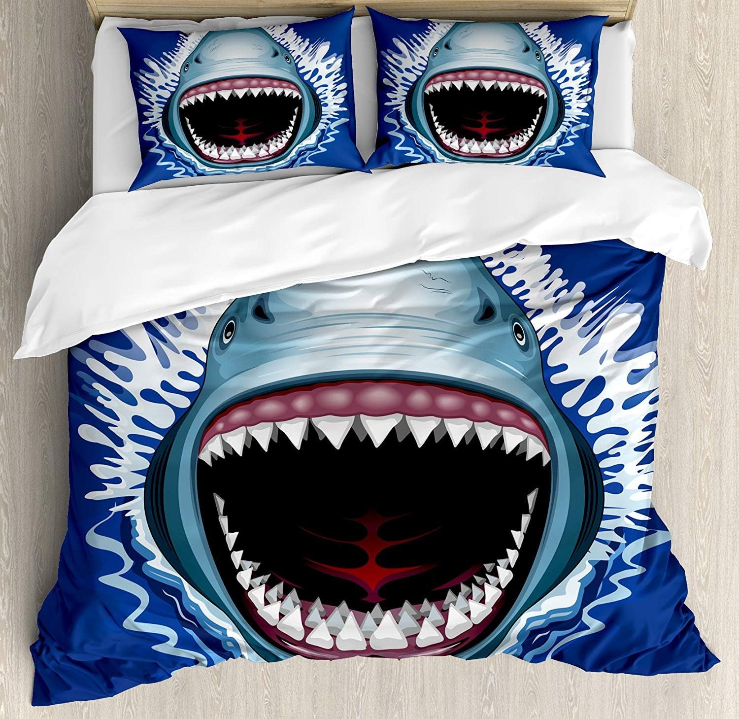 Shark Duvet Cover Set,Attack of Open Mouth Sharp Teeth Sea Danger Wildlife Ocean Life Cartoon,Decorative 3 Piece Bedding Set with 2 Pillow Shams,King Size,Blue Grey