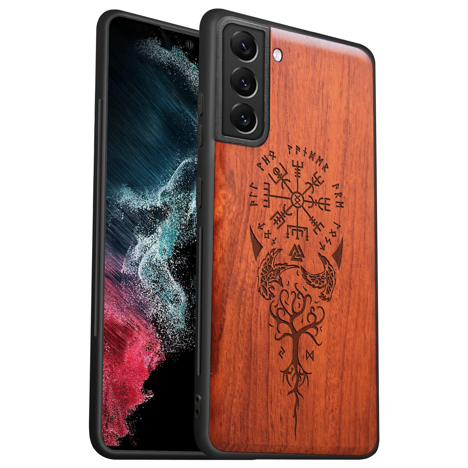 Carveit Wood Case for Galaxy S22 Plus - Natural Wood & Soft TPU Hybrid Protective Cover - Unique & Classy Viking Compass Vegvisir-Rosy Case