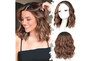 Eawwii Brown Highlight Short Wavy Wig for Women Lace Hairline Bob Style Synthetic Heat Resistant - Natural Appearance for Everyday Hairstyle 14 Inch