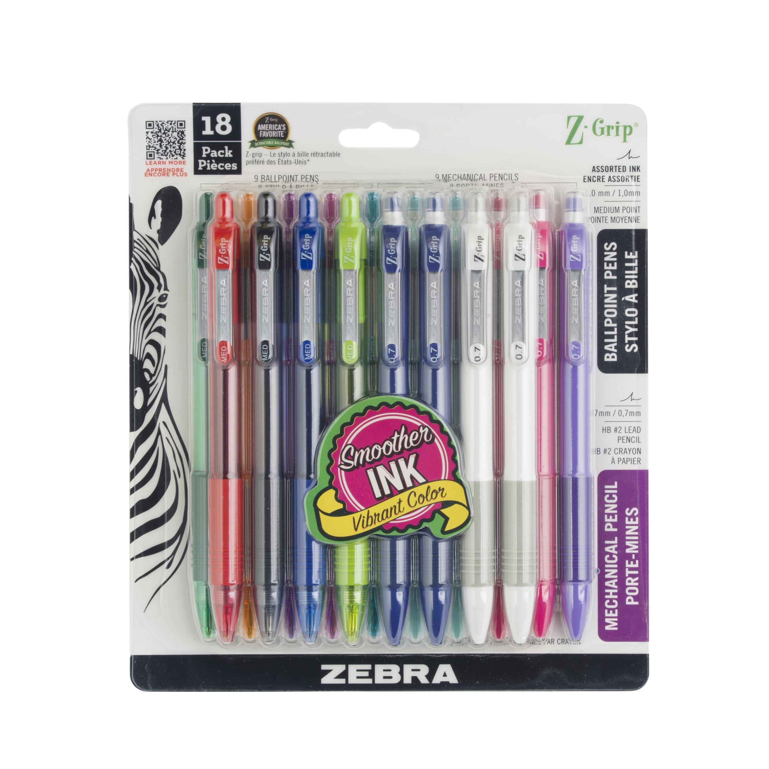 Photo 1 of Zebra Pen Z-Grip Retractable Ballpoint Pen and Mechanical Pencil Set, Medium Point, #2 HB Lead Pencils, Assorted Ink Colors, School Supplies, Teacher Supplies, and Office Supplies, 18-Pack (23618)