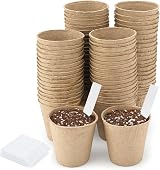 KINGLAKE Biodegradable 8cm Plant Pots 100Pcs with Labels Fibre Seedling Pots