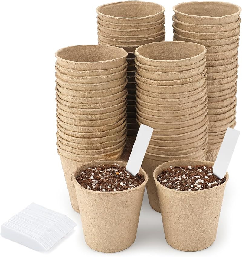 KINGLAKE Biodegradable 8cm Plant Pots 100Pcs with Labels Fibre Seedling Pots