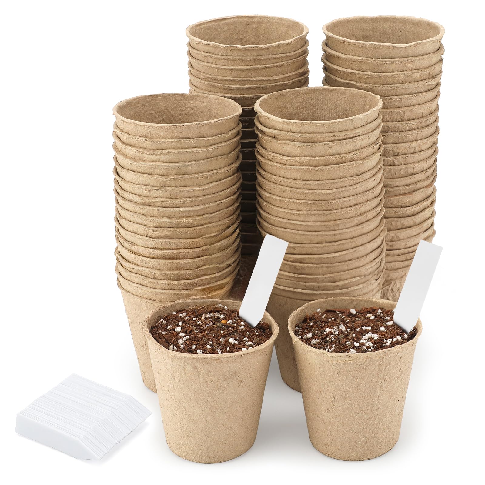 KINGLAKE Biodegradable Small Plant Pots Fibre Seedling Pots, 8cm 100Pcs Compostable Flower Seed Pots for Planting Vegetables, Fruits, Herbs with 100 Plant Labels
