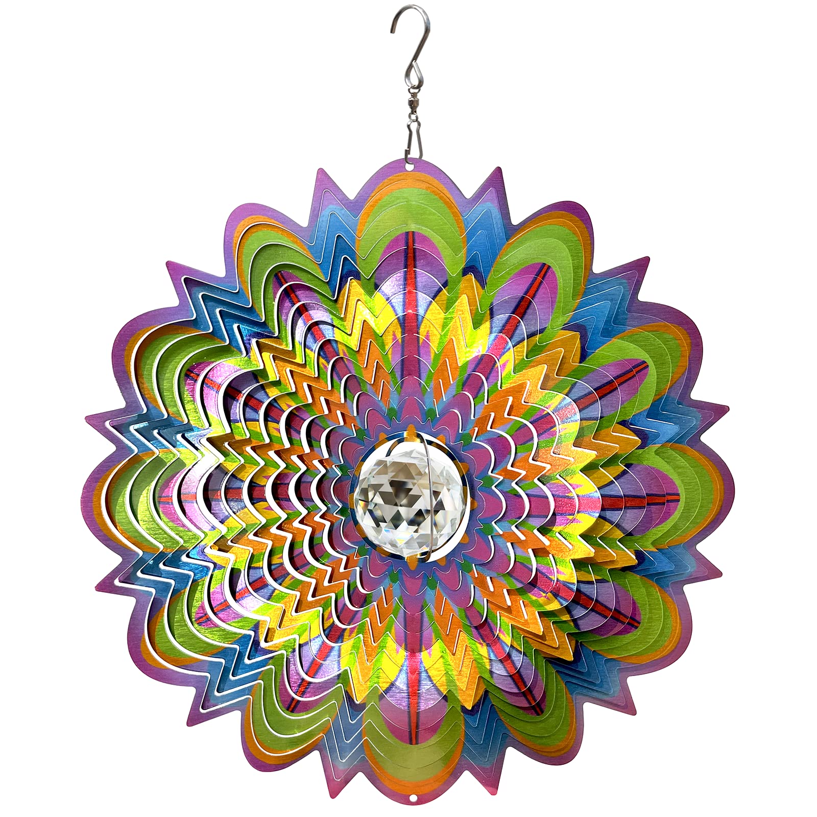 FONMY Mandala Wind Spinner w/Crystal Ball-Bloosom 3D Stainless Steel Suncatcher Hanging Spinners Worth Gift Christmas Decoration Indoor/Outdoor Garden Décor Kinetic Yard Art 12 Inches Wind Sculpture Image