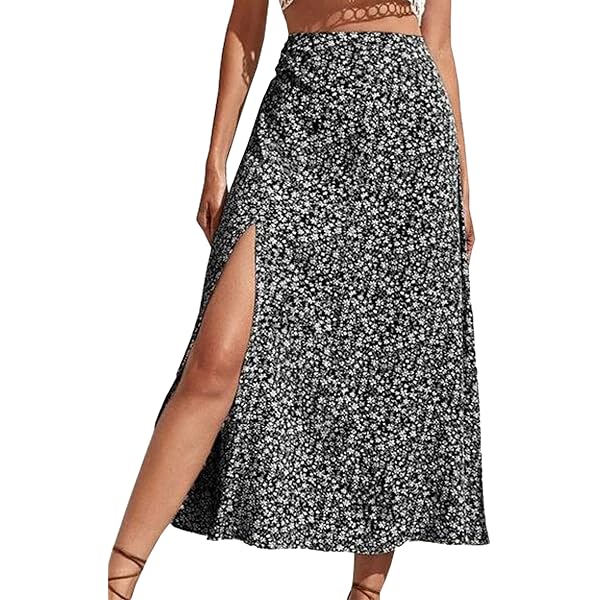 CHARTOU Womens Elegant Floral Lace Elastic High Waist Pleated Maxi Long Beach Skirtsnavy