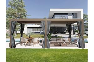 DOMI OUTDOOR LIVING Domi Louvered Pergola 12' × 20', Outdoor Aluminium Pergola with Adjustable Roof, Curtains and Netting, Hardtop Gazebo for Patio, Deck, Garden, Yard, Beach(Brown