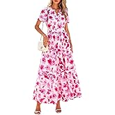 PRETTYGARDEN Women's Summer Boho Floral Maxi Dresses | Bohemian Flower,Short Sleeve V Neck,Elastic Waist,A Line Tiered,Flowy Long,Pockets,Wedding Guest Party,Beach Vacation Outfits