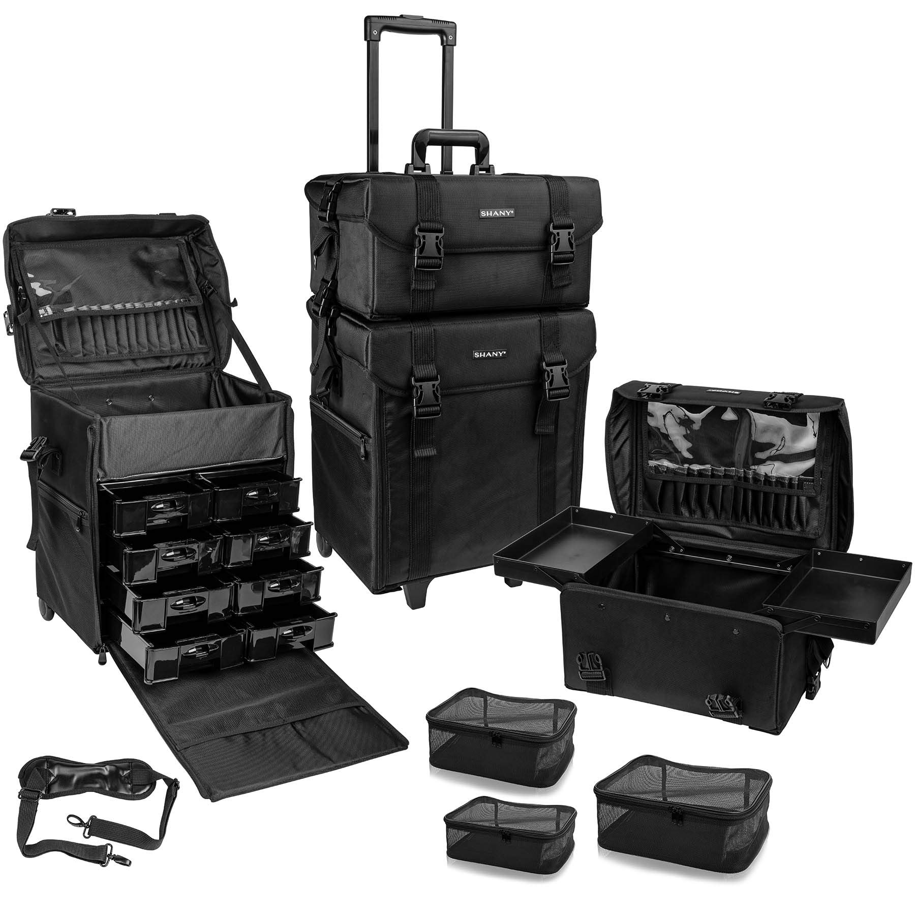 SHANY Makeup Artist Soft Rolling Trolley Cosmetics Case Make up Travel Bag With Beauty Organizer Drawer Bins, TSA Mesh Bag Organizers - Jet Black