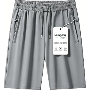 Coolmance Stretch Shorts for Men, Breathable Casual Summer Ice Silk Shorts with Adjustable Waist & 2 Zipper Pockets