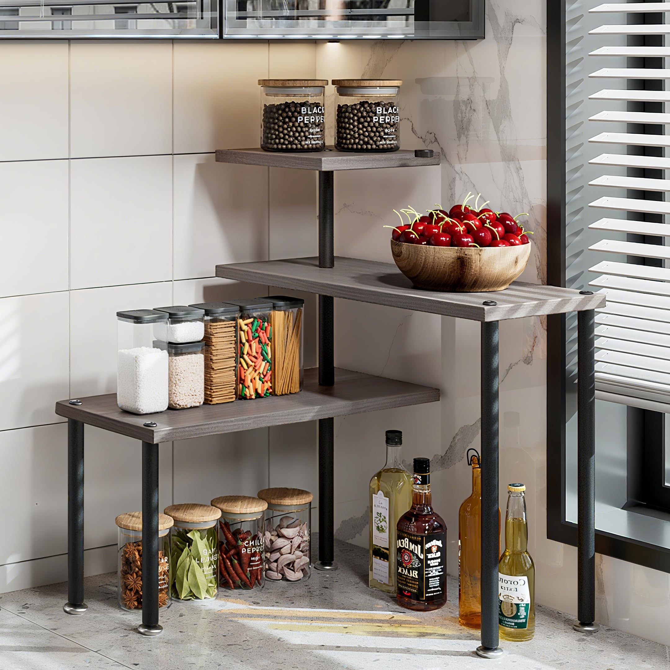 Photo 1 of Dazioter Countertop Organizer Organization 3 Tier Kitchen Corner Shelves Adjustable Spice Storage Rack for Bathroom Coffee Area Over Sink (Dark Gray Oak)
