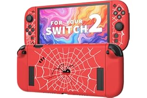 JEMDO Textured Grip Protective Case Compatible with Nintendo Switch 2 (2025) Only – Spider Web Design, Red Matte Shockproof TPU Shell with Anti-Slip Handles, Ergonomic & Comfort Slim Back Cover