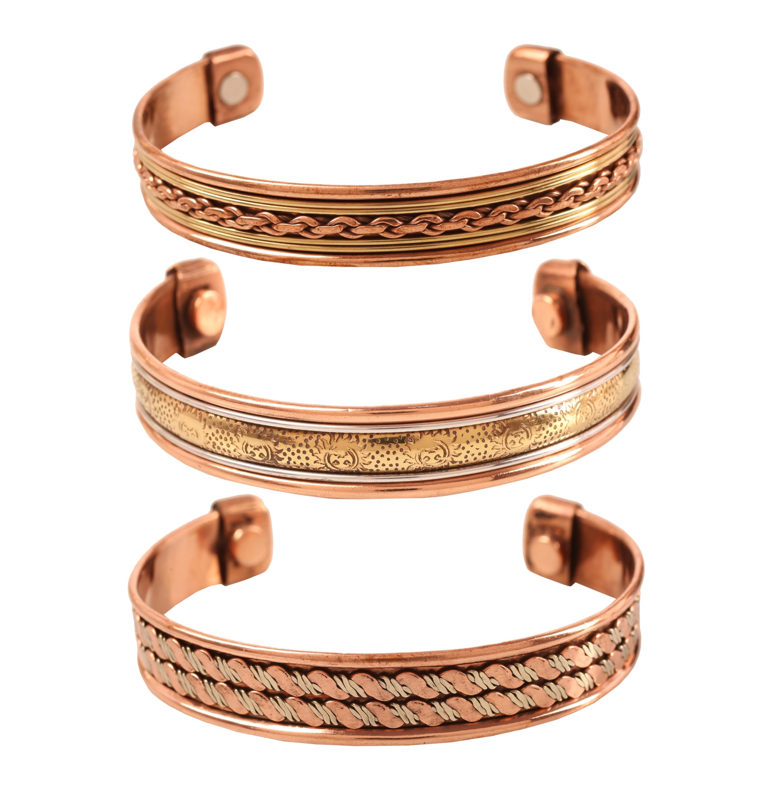 Touchstone Copper magnetic bracelet Tibetan style. Hand forged with solid and high gauge Chain Sun Zigzag Motifs pure copper. Set of 3 different designs in 3 metals.
