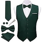 Barry.Wang Mens Suit Vest Linen Formal/Casual V-neck Waistcoat Tie Bow Tie Set Solid Color 6PC Wedding Party Tuxedo