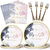 CLYMENE 96 Pcs Gender Reveal Party Supplies | Baby Shower Party Decorations | Boy or Girl Gender Reveal Tableware Set | with Paper Plates, Napkins, Forks | for Boys & Girls | Serves 24 Guests