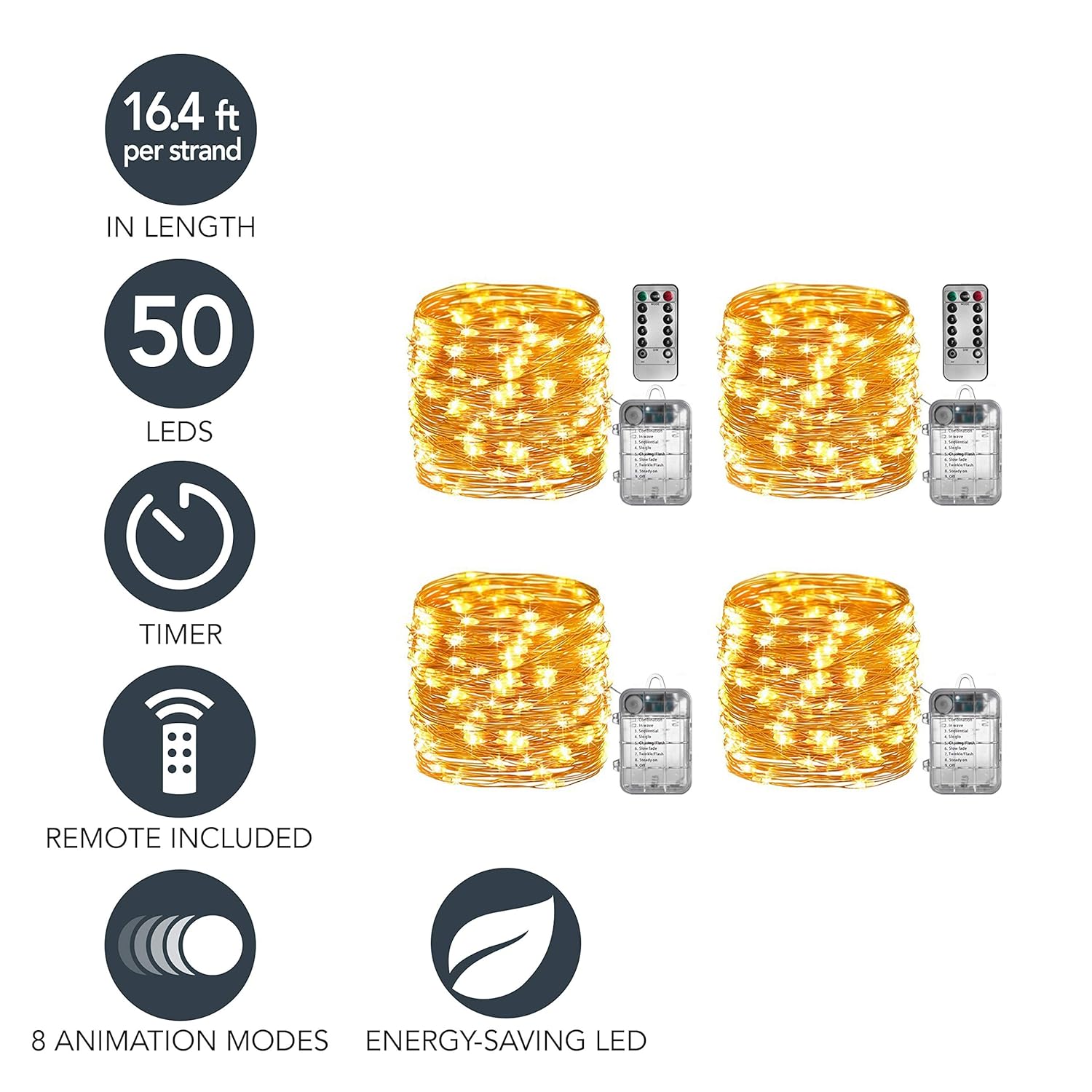 Sterno Home GL40736 50-Count Battery-Powered LED Fairy String Lights with Remote on 16.4’ Copper Wire – for Indoor/Outdoor Use, 4 Pack,