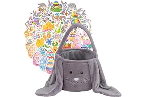 MUIMRAY Easter Bunny Basket for Kids, DIY Easter Basket with 50PCS Easter Stickers Pack for Boys Girls, Easter Gifts Egg Hunting Big Ear Plush Easter Bags (Grey)