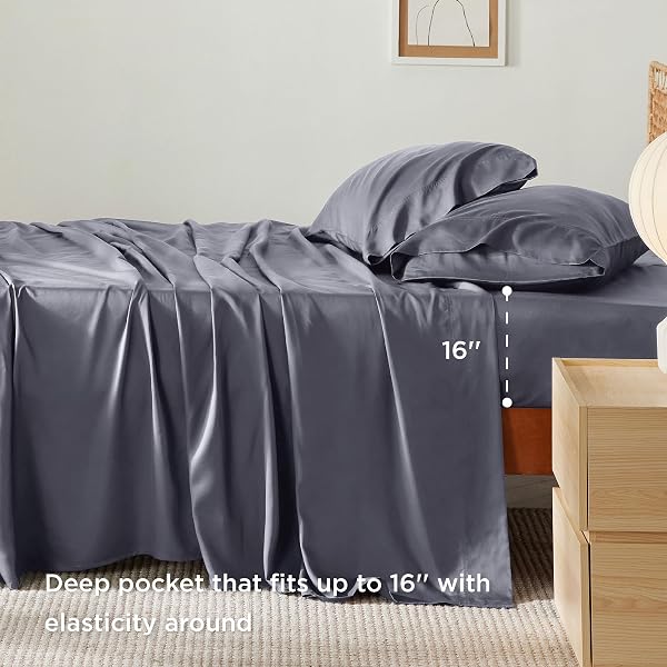 BEDSURE QUEEN SHEET SET, COOLING SHEETS FOR QUEEN SIZE BED SET, RAYON DERIVED FROM BAMBOO, BREATHABLE & SOFT DEEP POCKET UP TO 16 INCHES, HOTEL LUXURY SILKY BEDDING, BEDSHEET & PILLOWCASES, DARK GREY