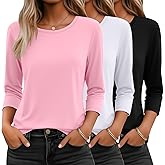 Ficerd 3 Pack 3/4 Sleeve Tops for Women Round Neck Dressy Basics Tees Casual Trendy Loose Fit T Shirts