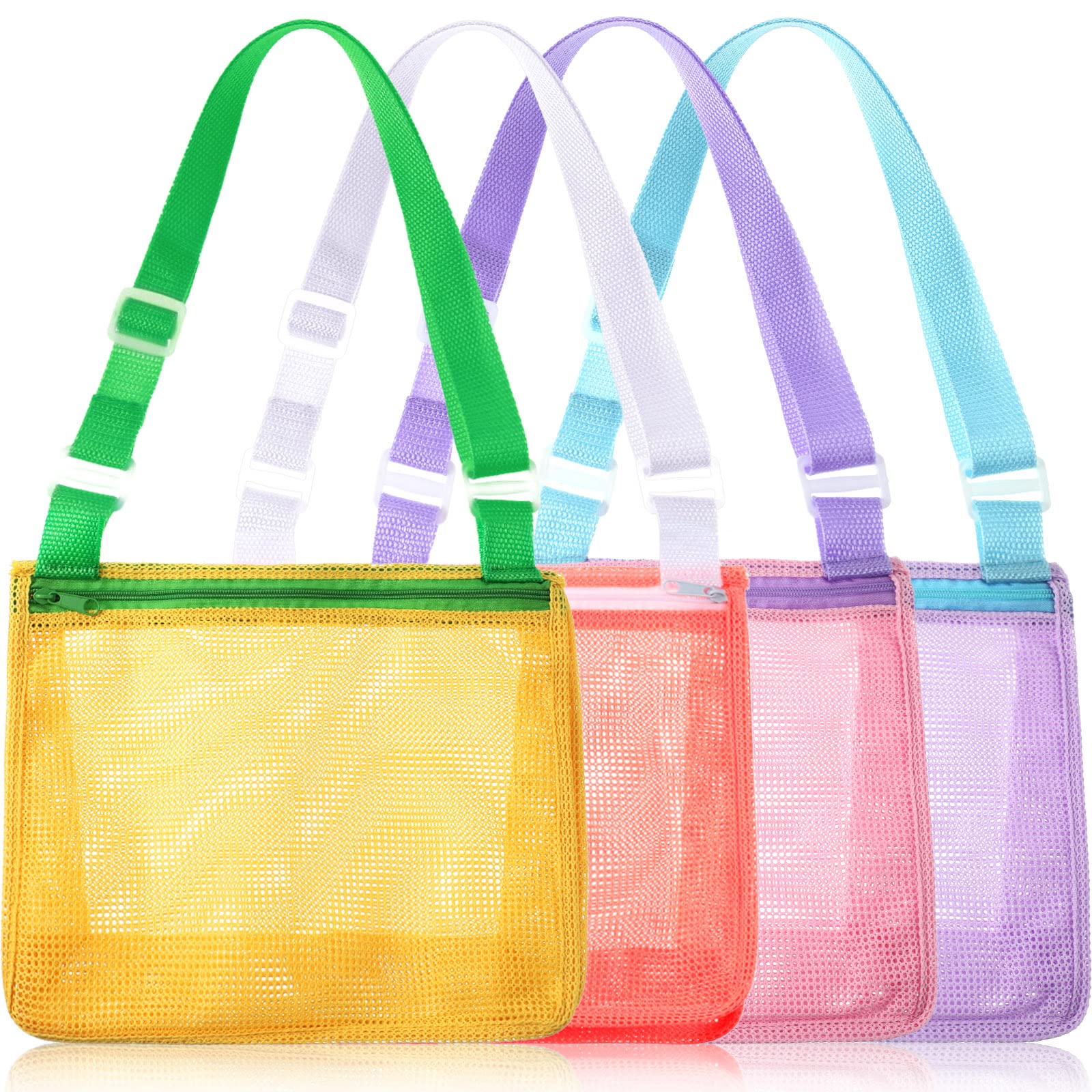 4 Pieces Beach Toy Mesh Bag Kids Shell Collecting Bag Mesh Beach Sand Toy Totes Colorful Mesh Beach Bag Swimming Accessories Storage Bag with Adjustable Carrying Straps (Classic Colors)