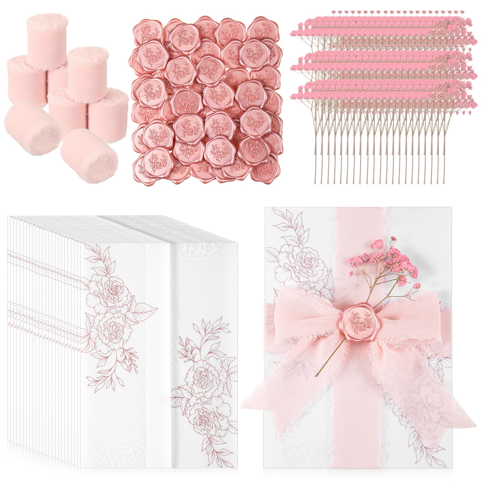 Photo 1 of Fullhawl 50 Sets Wedding Invitations Wraps Set Rose Gold Foil Pre Folded Vellum Jackets for 5 x 7 Invitations Pink Dried Flowers Wax Seal Stickers Chiffon Silk Ribbon for Craft DIY