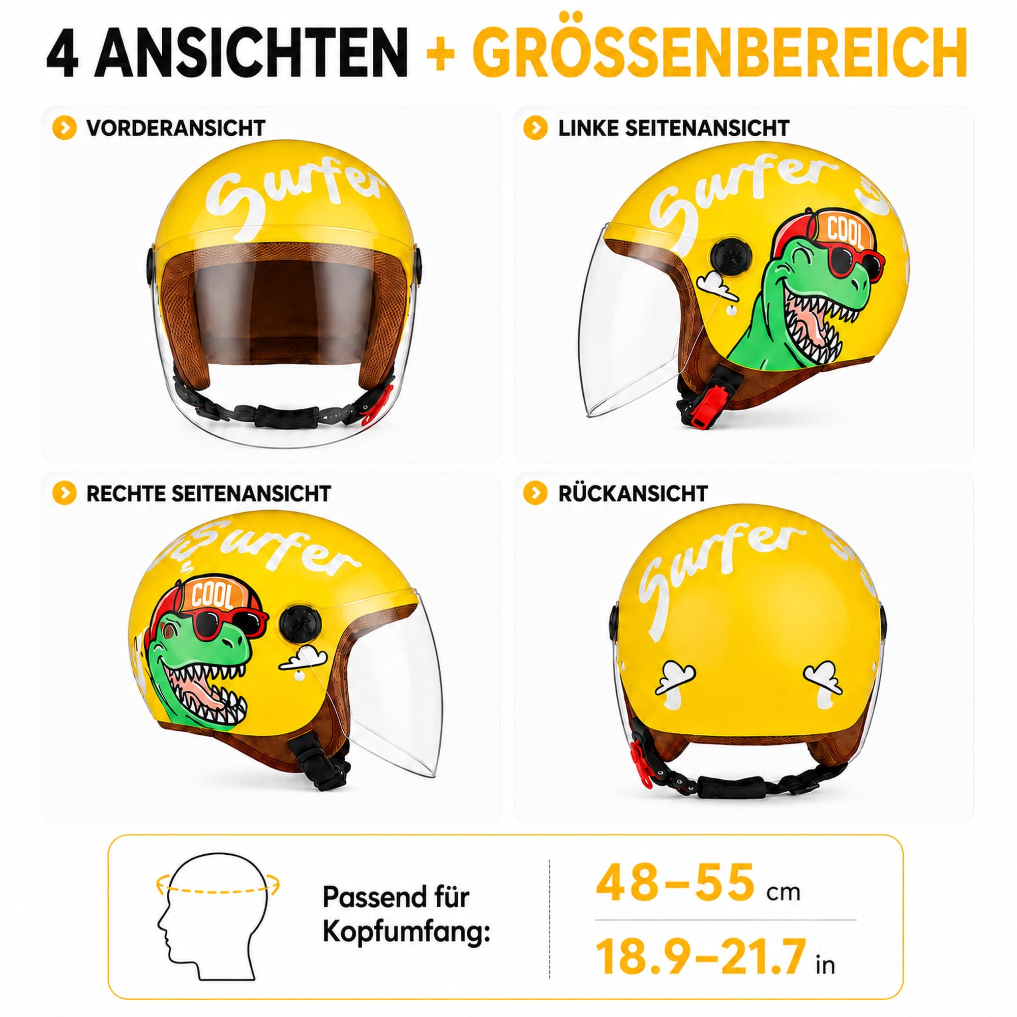 FREEUP Motorradhelm Kinder Mädchen Junge, Kid Jet Helm mit Visier, Dinosaurier Mofa Helm Kids Scooter Fahrradhelm, Schnellverschluss, Herausnehmbar, Waschbar, 48-55cm, Gelb 3