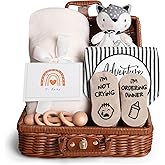 iAOVUEBY Baby Shower Gifts, Baby Gifts for Girls Boys, Unique Baby Gifts Basket Essentials Stuffs - Baby Lovey Blanket Newborn Bibs Socks Wooden Rattle & Greeting Card, Newborn Baby Gift Set