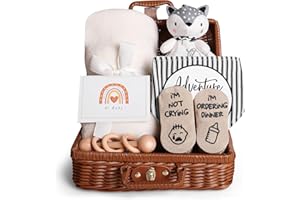 iAOVUEBY Baby Shower Gifts, Baby Gifts for Girls Boys, Unique Baby Gifts Basket Essentials Stuffs - Baby Lovey Blanket Newborn Bibs Socks Wooden Rattle & Greeting Card, Newborn Baby Gift Set