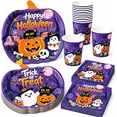 QIYANPAX Halloween Party Supplies Kit Includes Pumpkin Shaped Disposable Plates, Napkins, Cups for Halloween Birthday Baby Shower Decorations, Serves 24